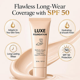 LUXE FOUNDATION texture close-up highlighting creamy microcapsules and smooth blending benefit