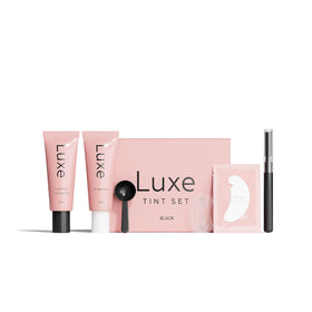 LUXE front packaging of black tint kit showing professional results