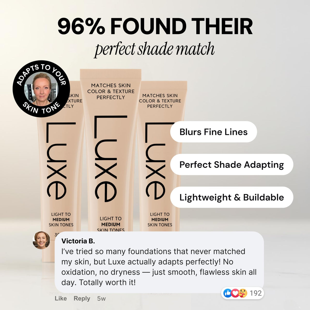 LUXE product in hand for scale demonstrating travel-ready size and easy application