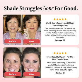LUXE lifestyle shot on model showing natural matte finish and everyday confidence