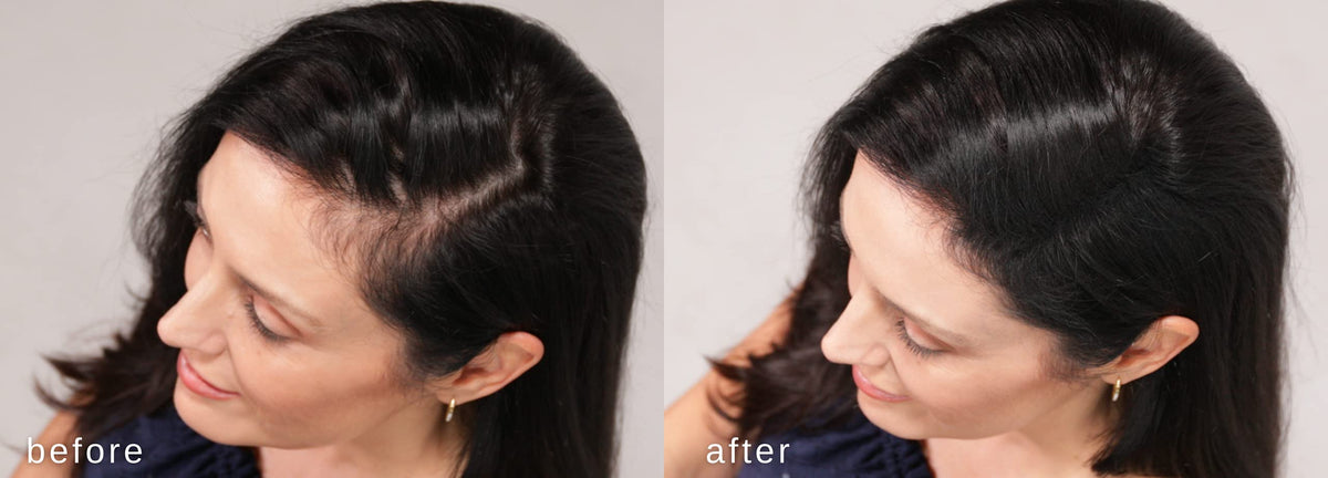 LUXE Professional applying fibers to scalp close-up for instant coverage benefit