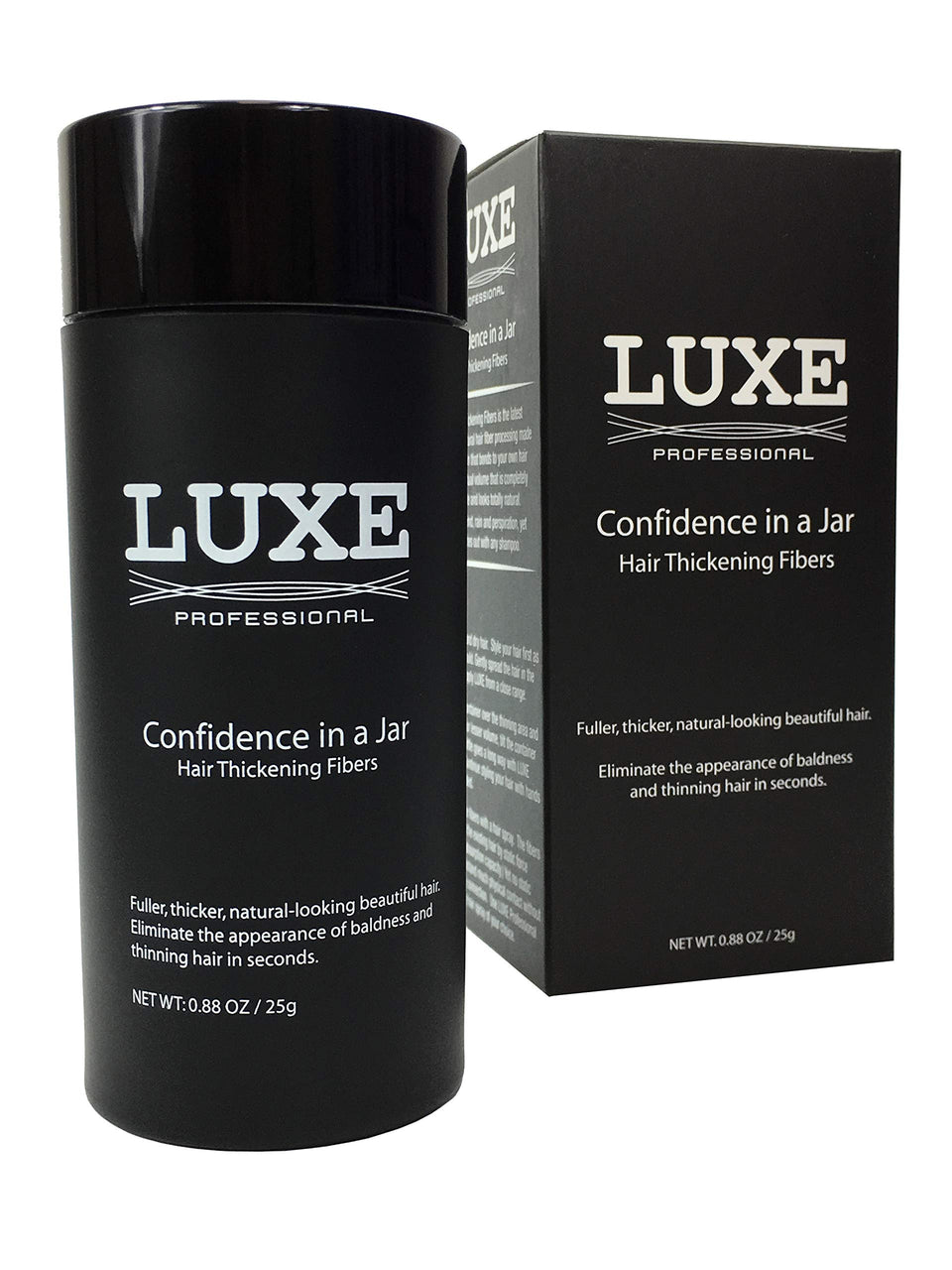 LUXE Professional jar front view showing dark brown fibers and compact packaging benefit