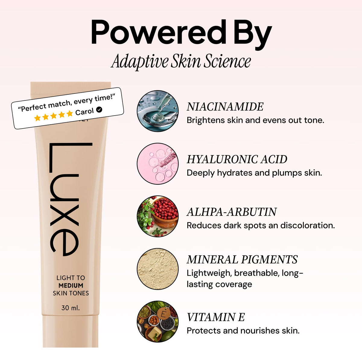 LUXE swatch on skin showing adaptive shade transformation and immediate color match
