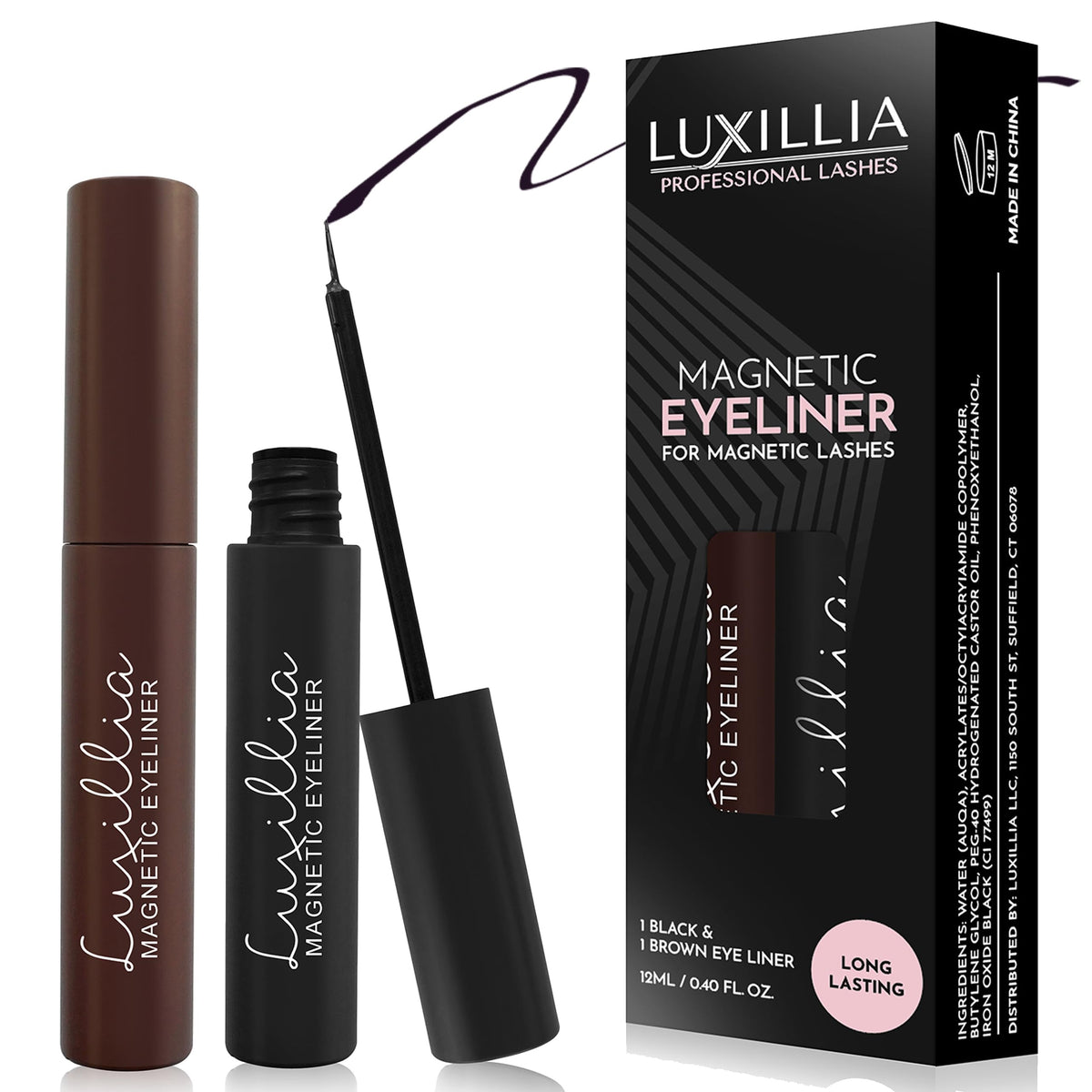 Luxillia front packaging showing black and brown tubes with benefits