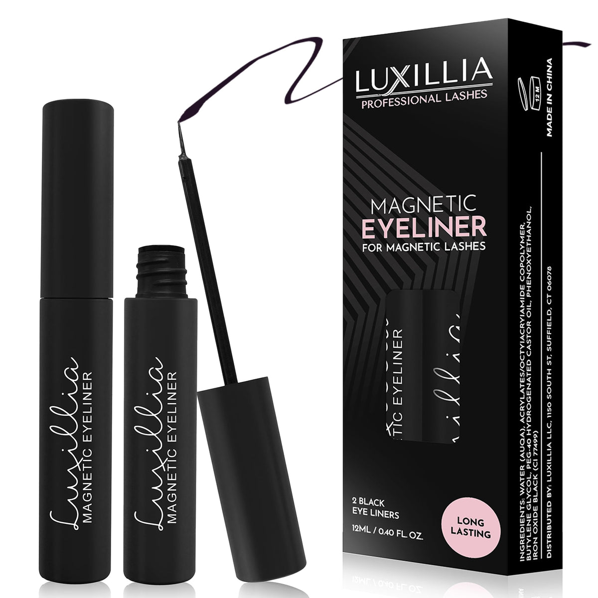 Luxillia front packaging showing black magnetic eyeliner and benefit of reliable hold