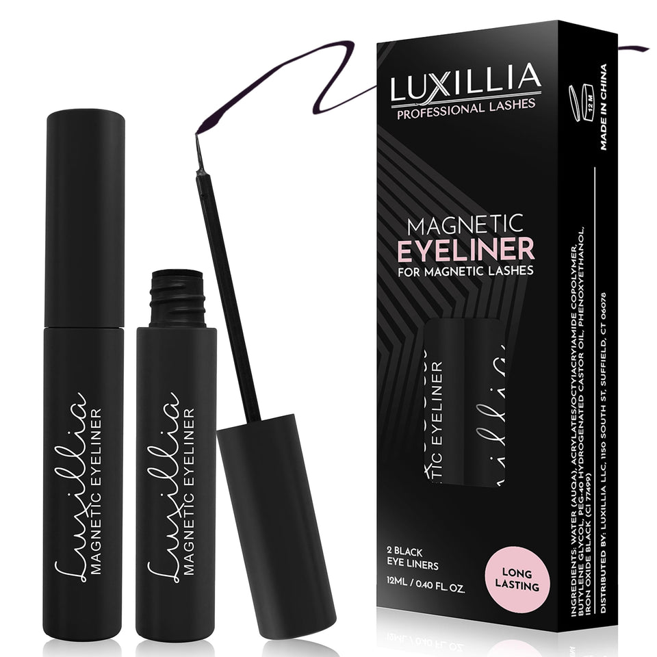 Luxillia front packaging showing black magnetic eyeliner and benefit of reliable hold