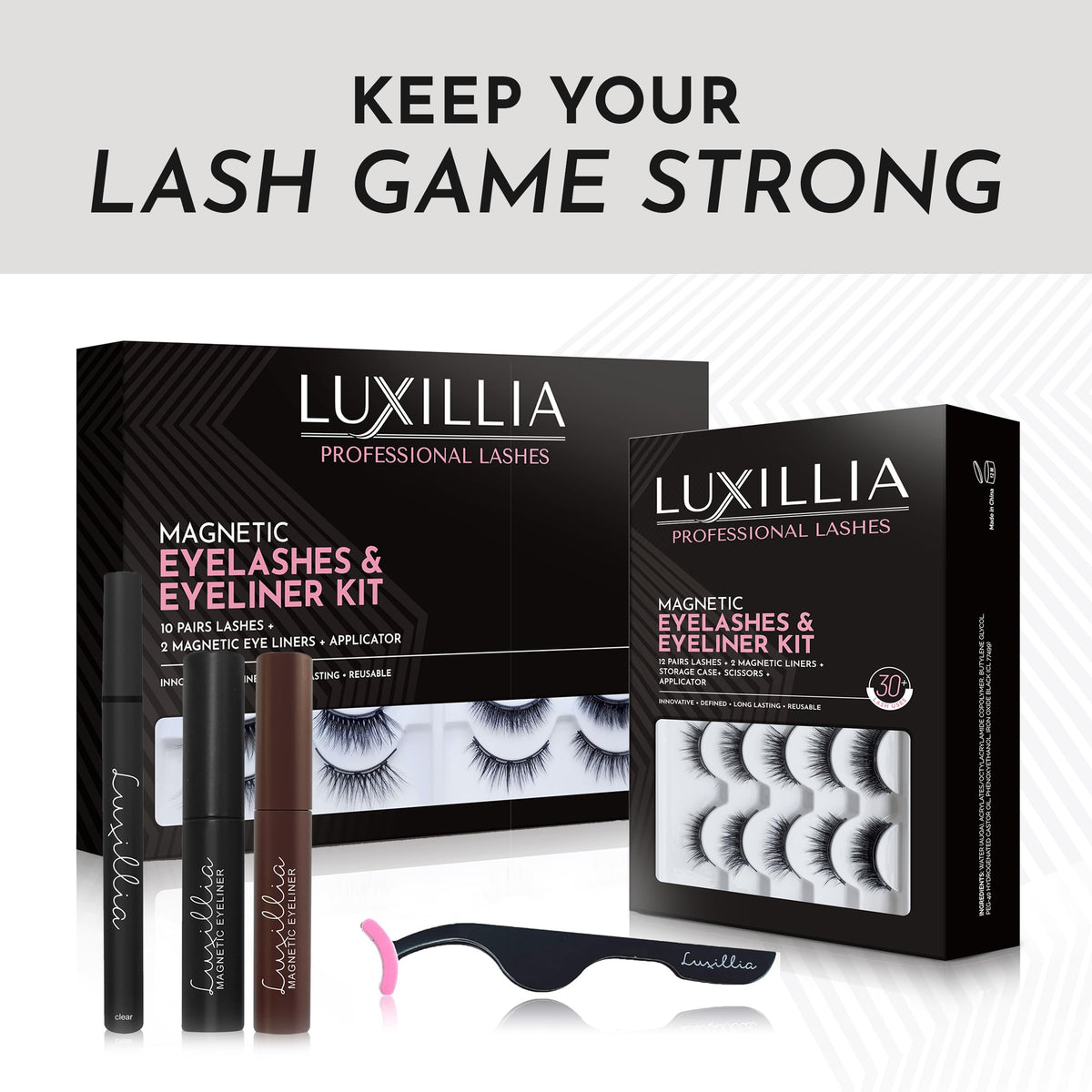 Luxillia storage case open with lashes, liner, and applicator organized