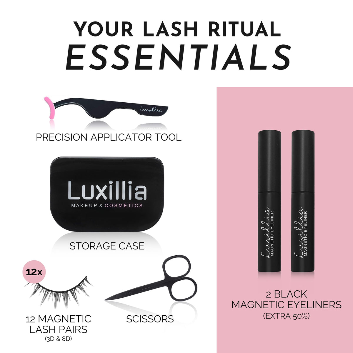 Luxillia waterproof magnetic eyeliner tube angled to show applicator, long-wear hold benefit