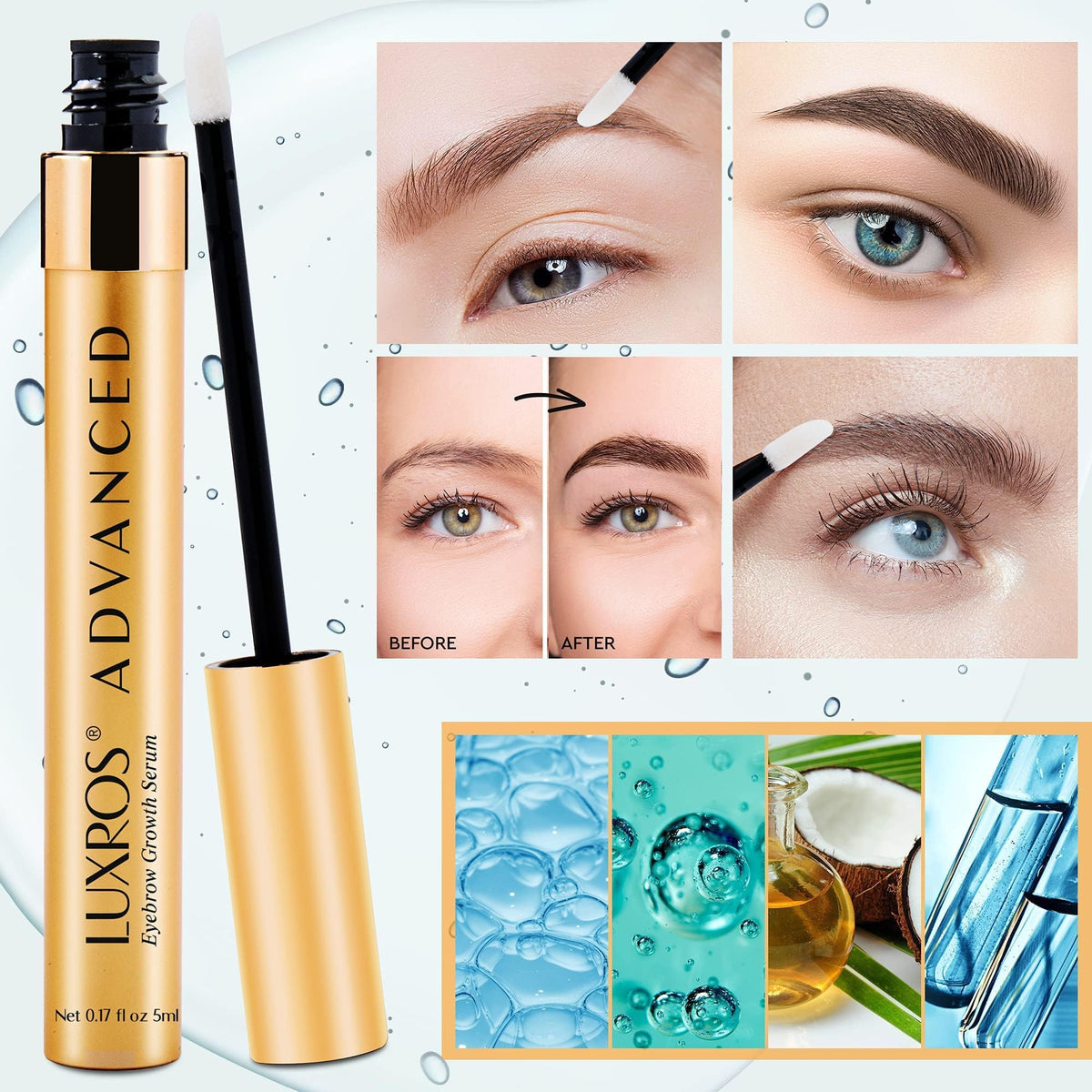 LUXROS before and after composite showing fuller brows after consistent nightly use advantage