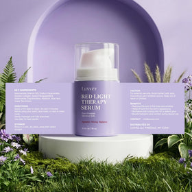Luxvez bottle staged on bathroom vanity for daily skincare ritual