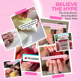 LUXXI application on a press-on nail demonstrating quick air-dry hold