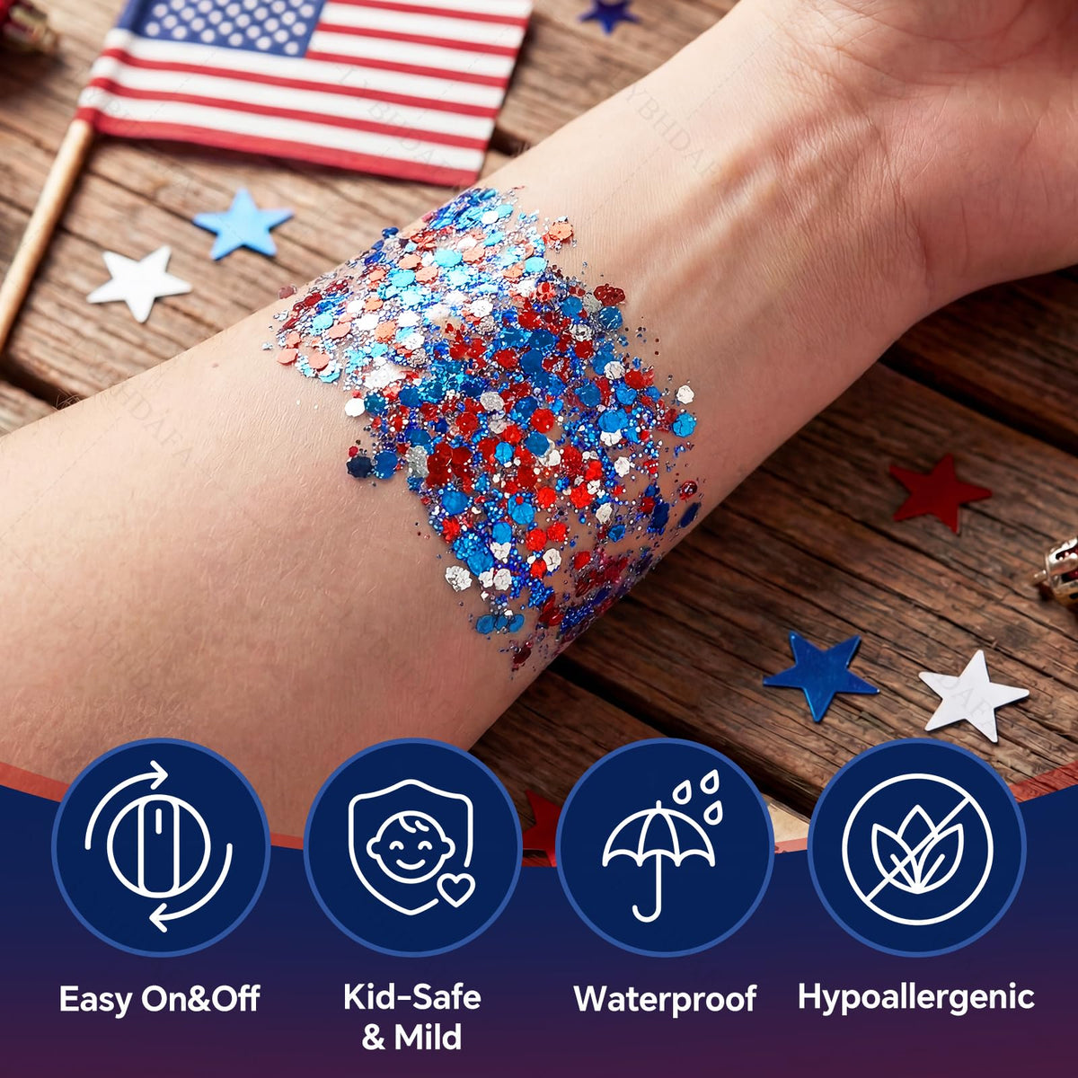 LYBHDAFA glitter in hair roots creates bold patriotic accent