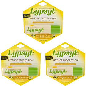 Lypsyl lip balm front packaging showing mint 3-pack and quick application benefit
