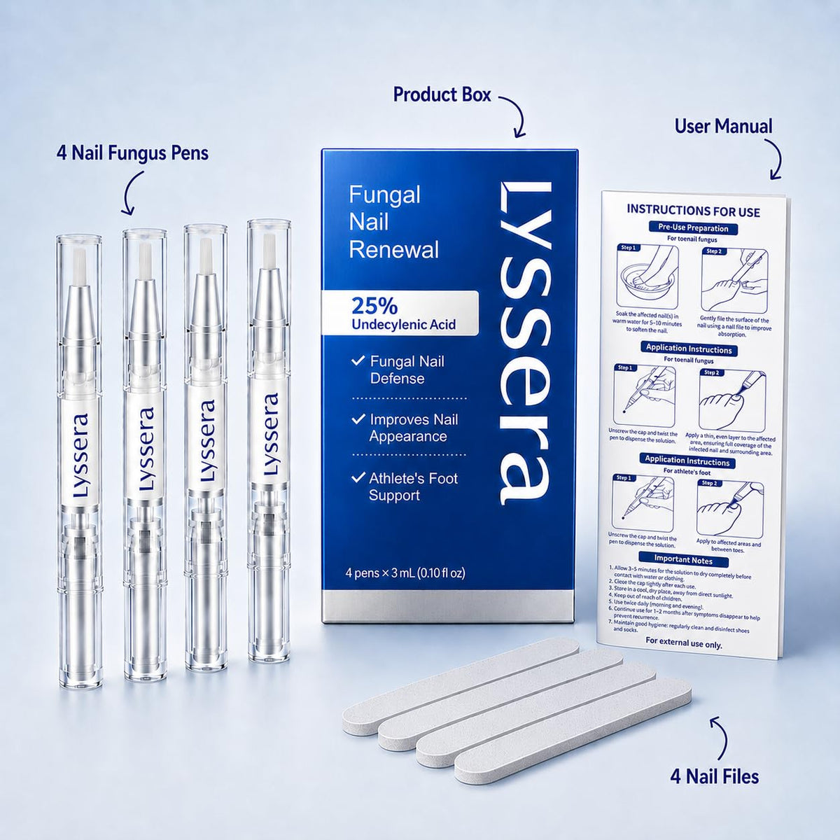 Lyssera pens in bathroom setting for convenient daily nail care