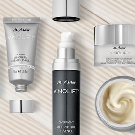M. Asam VINOLIFT on bathroom vanity suggesting daily skincare routine