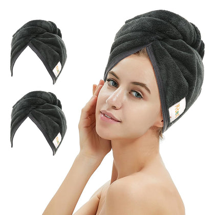 M-bestl front view of two black microfiber hair towels showing compact packaging and quick-dry benefit