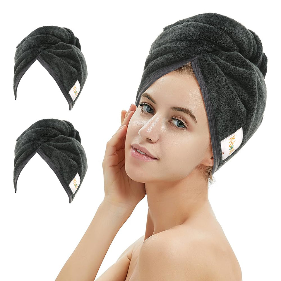M-bestl front view of two black microfiber hair towels showing compact packaging and quick-dry benefit