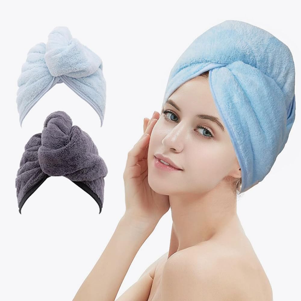 M-bestl two-pack front view showing blue and dark gray towels, fast-drying benefit