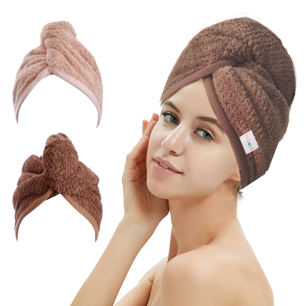 M-bestl front view of two coffee and pink hair drying towels showing colors and compact fold
