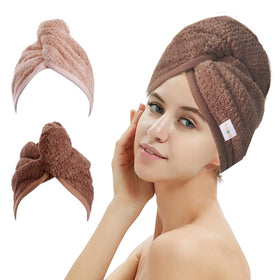 M-bestl front view of two coffee and pink hair drying towels showing colors and compact fold