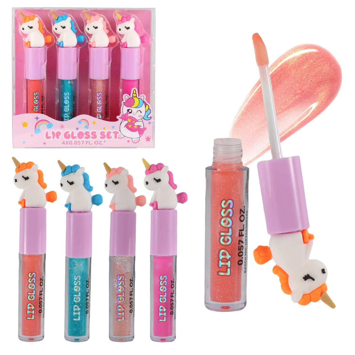 M&U MAKE YOU UP front packaging showing four gloss sticks and glitter pouch, gift-ready appeal