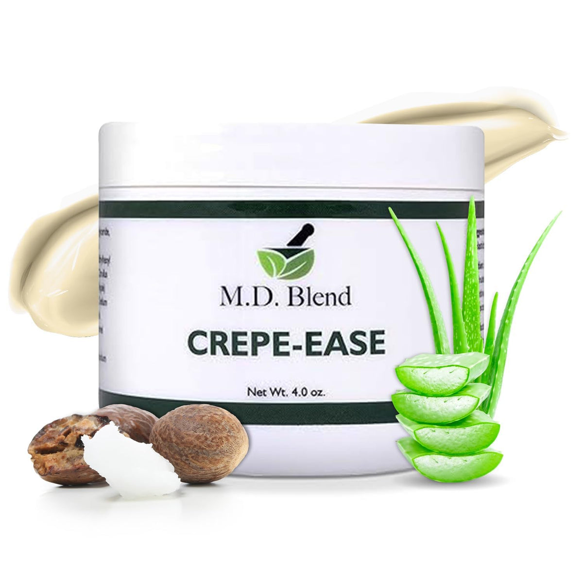 M.D. Blend Crepe-Ease jar front view showing packaging and quick absorption benefit