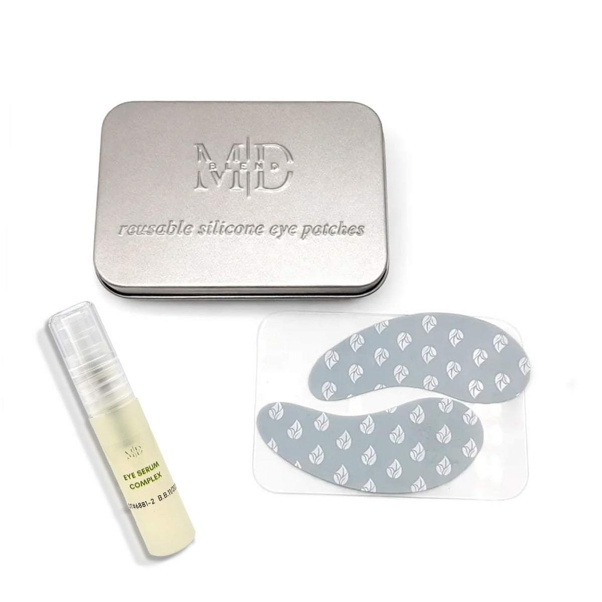 M.D. Blend front packaging showing reusable eye patches and benefits