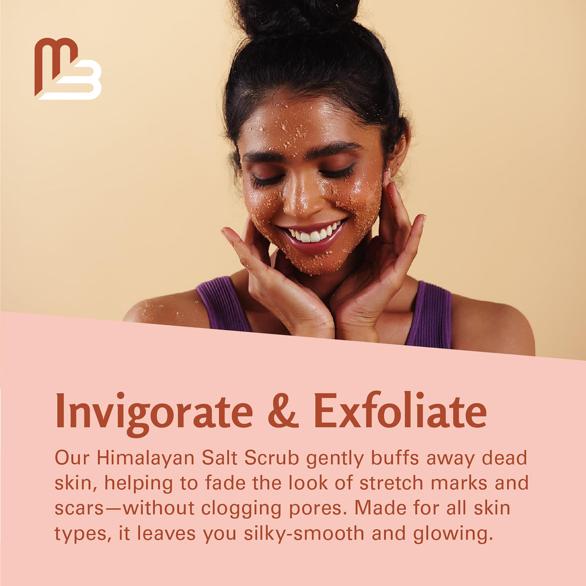 M3 Naturals applying scrub to leg in shower illustrating smooth skin and gentle exfoliation