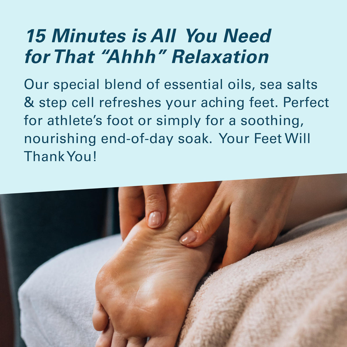 M3 Naturals foot soak being used in basin to relieve tired, aching feet