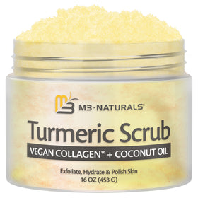 M3 Naturals jar front view showing turmeric scrub and 16 oz size benefit