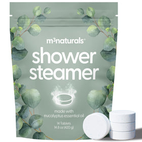 M3 Naturals front packaging showing 14 wrapped eucalyptus steamers and benefits