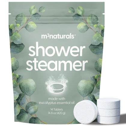 M3 Naturals front packaging showing 14 wrapped eucalyptus steamers and benefits