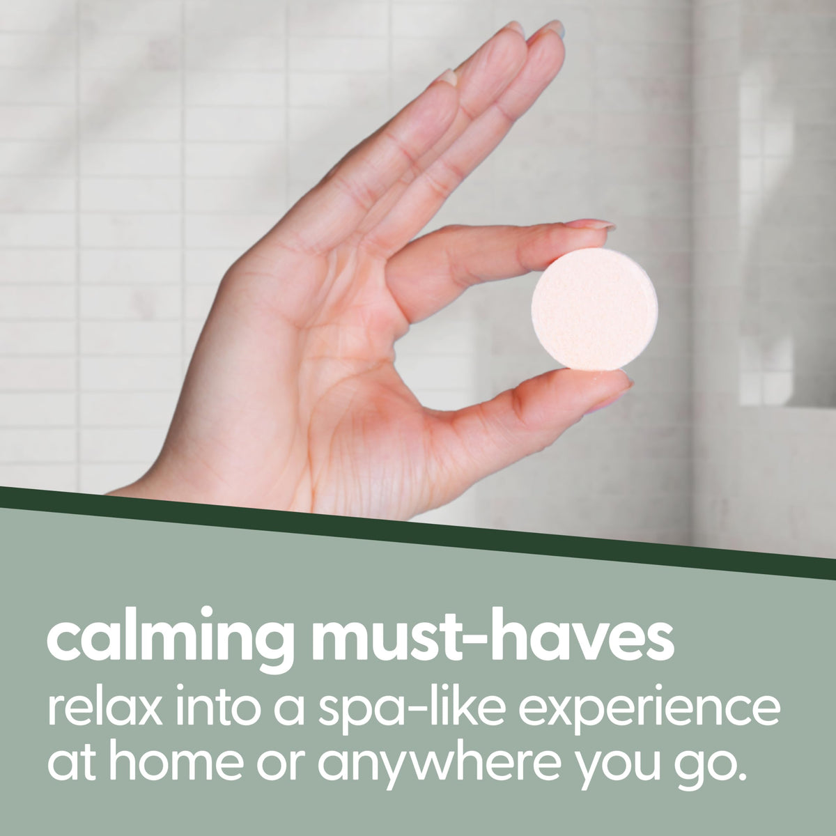 M3 Naturals on bathroom shelf with towel highlighting calming self-care benefit