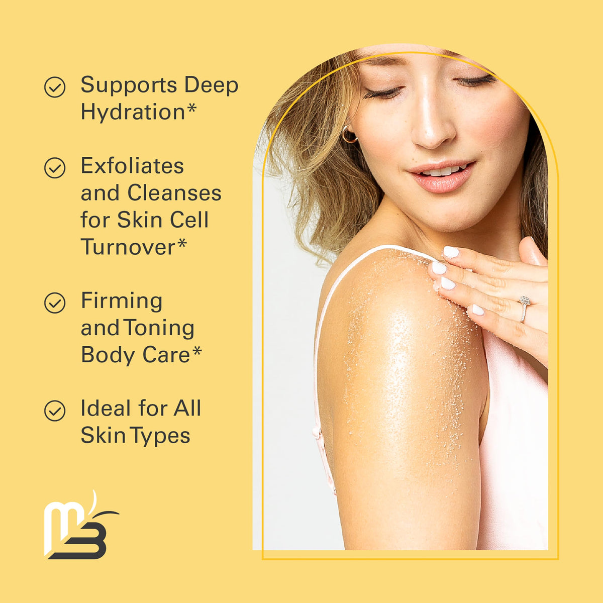 M3 Naturals scrub texture close-up showing fine salt grains and oils for gentle exfoliation