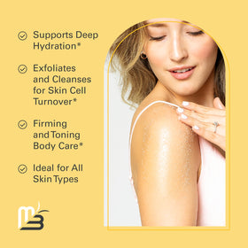 M3 Naturals scrub texture close-up showing fine salt grains and oils for gentle exfoliation