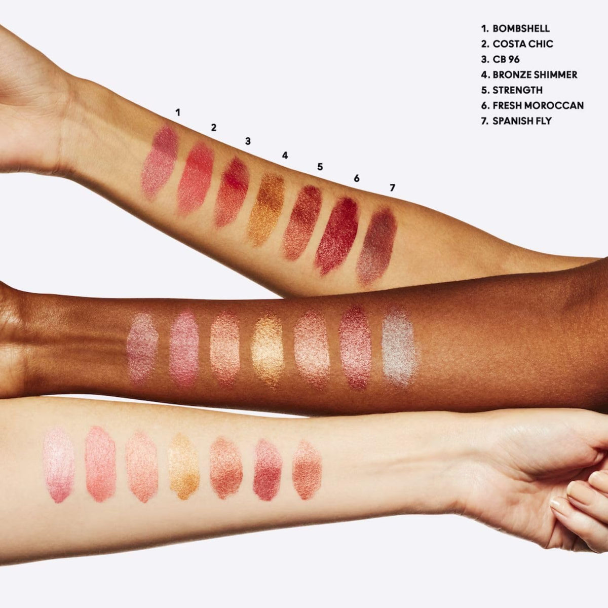 MAC Bronze Shimmer arm swatches demonstrating buildable coverage and colour payoff for shade comparison
