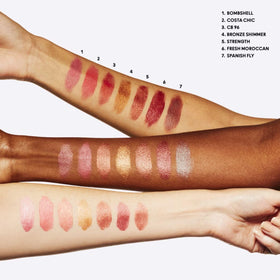 MAC Bronze Shimmer arm swatches demonstrating buildable coverage and colour payoff for shade comparison