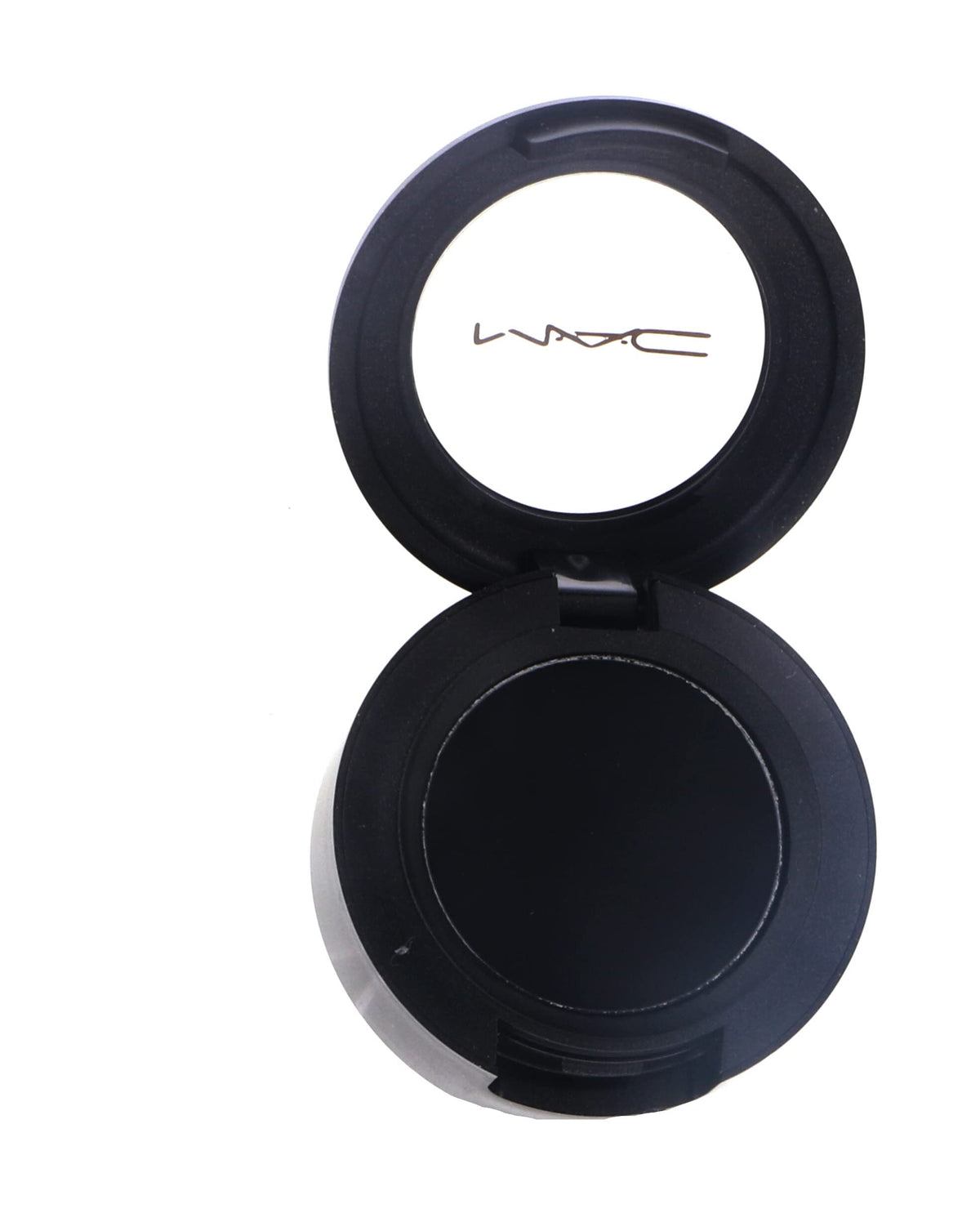 MAC Carbon front pan showing deep matte black pigment and clean packaging benefit: clear color reference