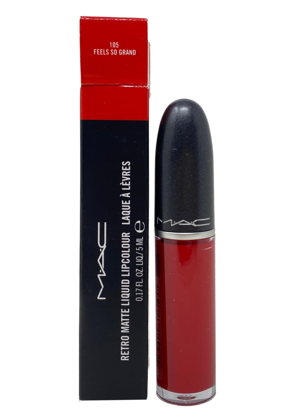 MAC Retro Matte liquid lipcolour tube front view showing deep red shade benefits bold color