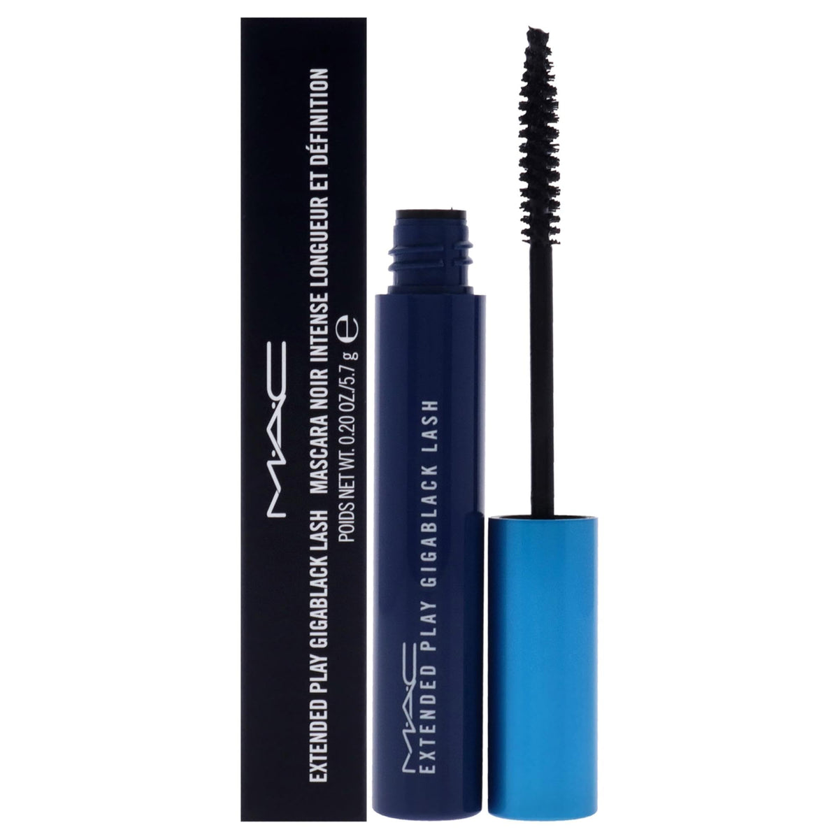 MAC extended play gigablack front packaging showing bold black tube and branding benefits