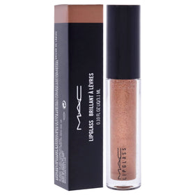 MAC Lipglass swatch on skin revealing color payoff and buildable shine benefit