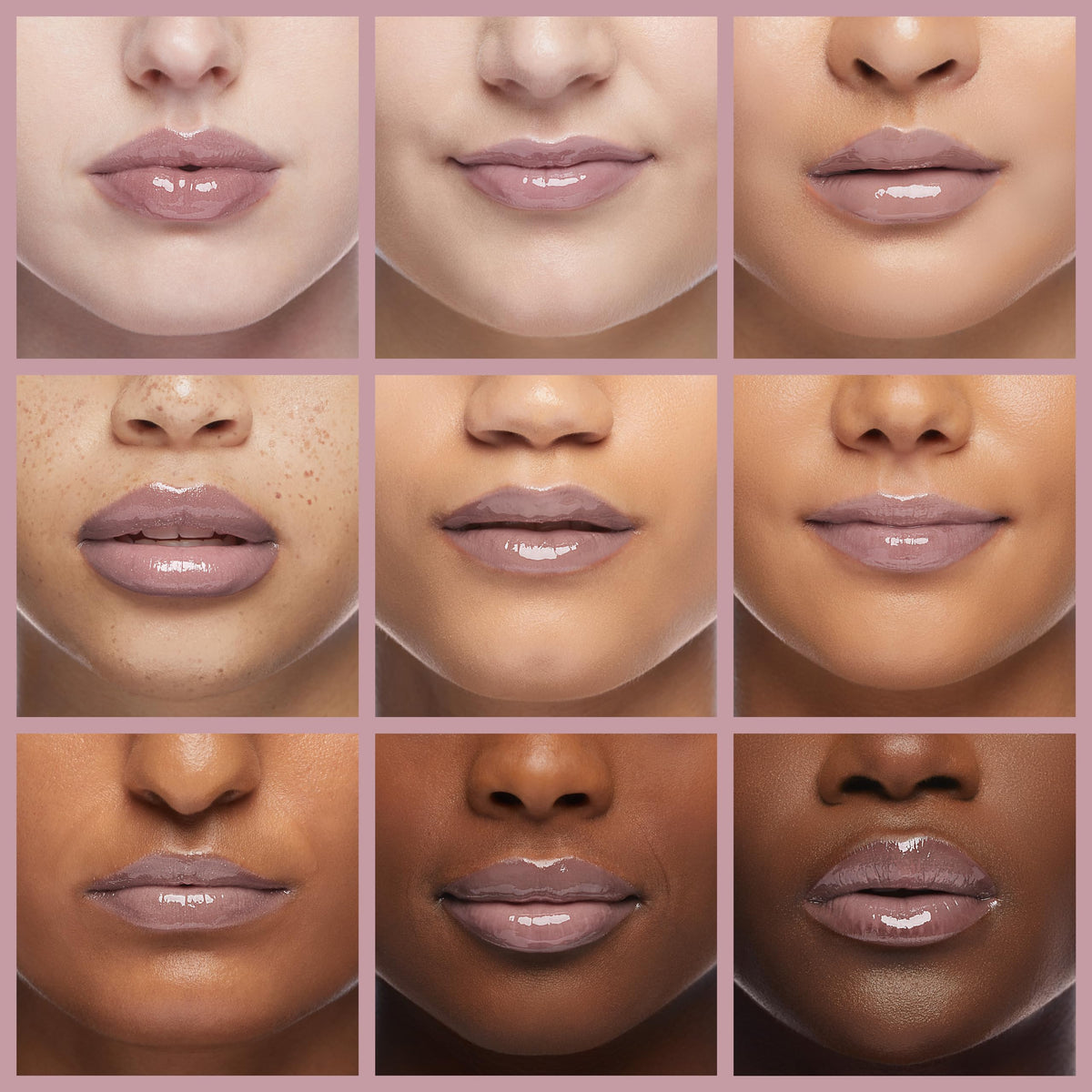Model wearing MAC Lipglass Oyster Girl demonstrating natural glossy effect benefit