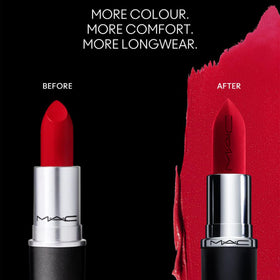 MAC Macximal Silky Matte lifestyle evening look showing vibrant Ruby Woo for long-wear elegance