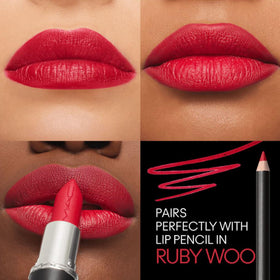 MAC Macximal Silky Matte texture swipe on paper showing rich ruby pigment and silky finish