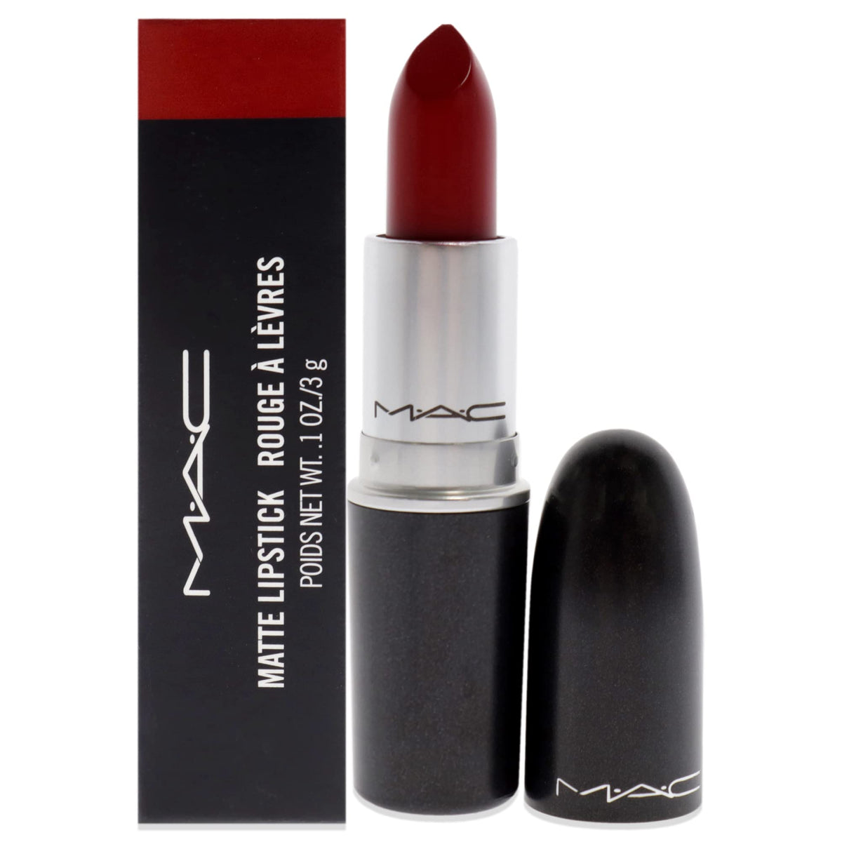 MAC lipstick front packaging showing bold red shade and compact size benefit