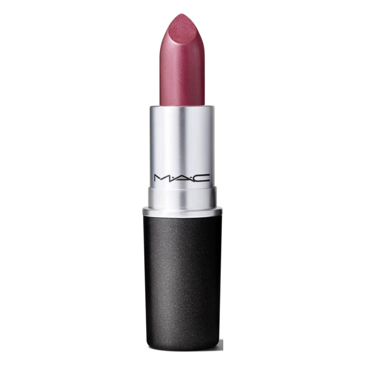 MAC front view lipstick showing Plum Dandy color and elegant tube benefit: recognizable brand