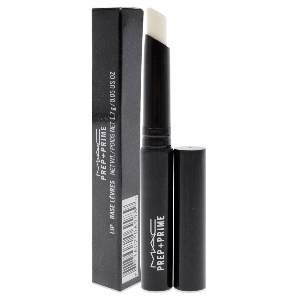 MAC Prep + Prime Lip next to a lipstick for scale showing travel-friendly compact size