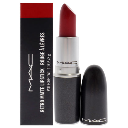 MAC tube front view showing Ruby Woo shade and sleek packaging benefit: recognizable branding