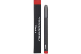 MAC Ruby Woo lip pencil front view showing packaging and shade for precise lining
