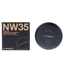 MAC powder applied with sponge for full coverage and quick touch-ups
